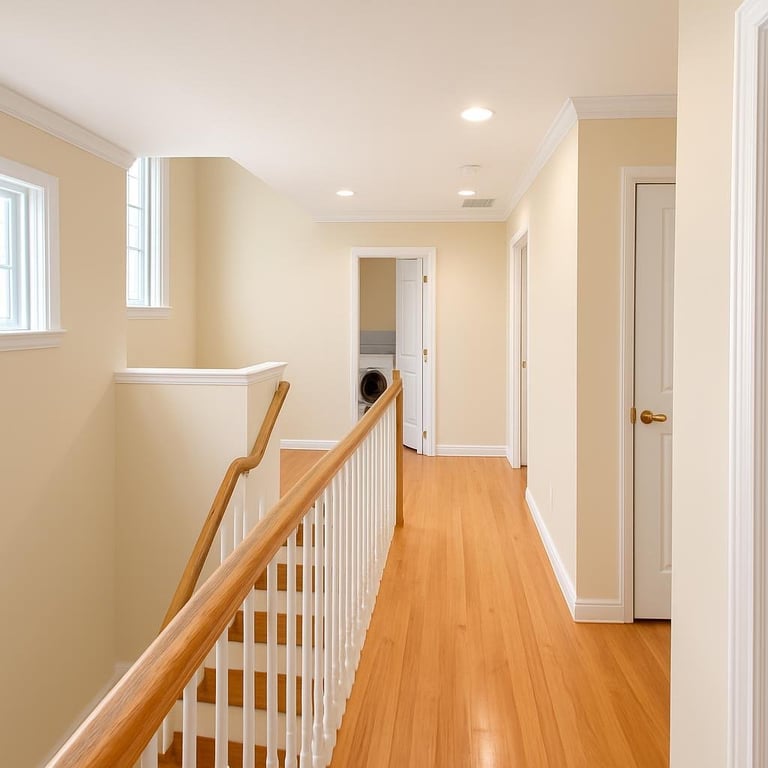 Bright hallway with wooden staircase, white railing, beige walls, recessed lighting, and hardwood flooring