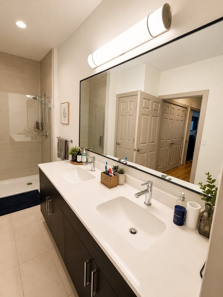 Modern bathroom with double sink vanity, large mirror, and shower area visible in background