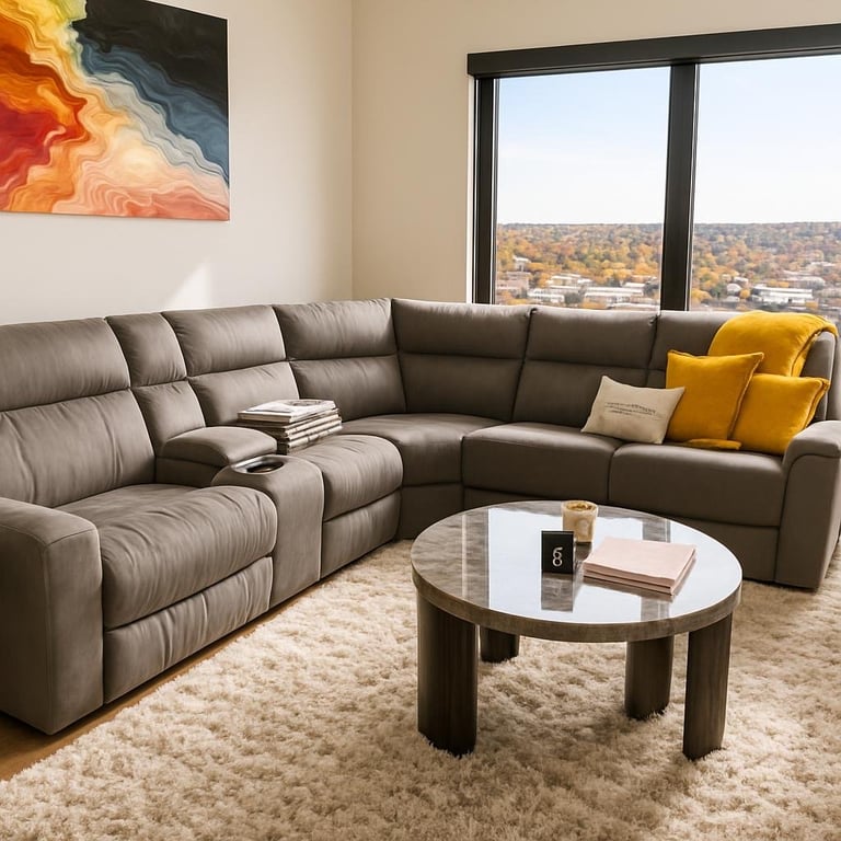 Modern living room with gray curved sectional sofa, round marble coffee table, and yellow accent pillows overlooking landscape through large windows