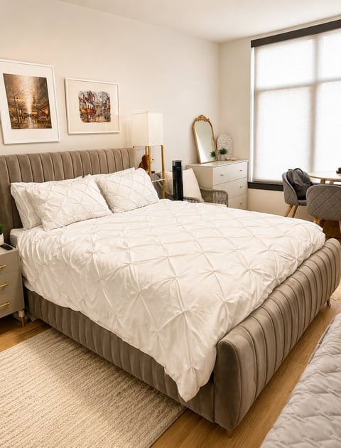 Modern bedroom with beige upholstered bed, white quilted bedding, nightstands, dresser with mirror, and large windows providing natural light