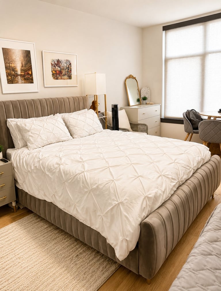 Modern bedroom with beige upholstered bed, white quilted bedding, nightstands, dresser with mirror, and large windows providing natural light