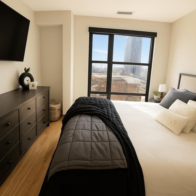 Modern bedroom with queen bed, black quilted comforter, wooden dresser with TV, and floor-to-ceiling windows overlooking city skyline.