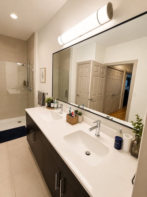 Modern bathroom with dual vanity sinks, large mirror, dark cabinetry, walk-in shower, and neutral tile flooring