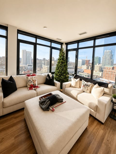 Modern living room with beige sectional seating, white ottoman, black pillows, decorative topiary, and floor-to-ceiling windows overlooking a city skyline