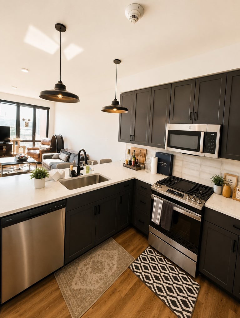 Modern kitchen with black cabinetry, white countertops, stainless steel appliances, pendant lights, and wooden flooring